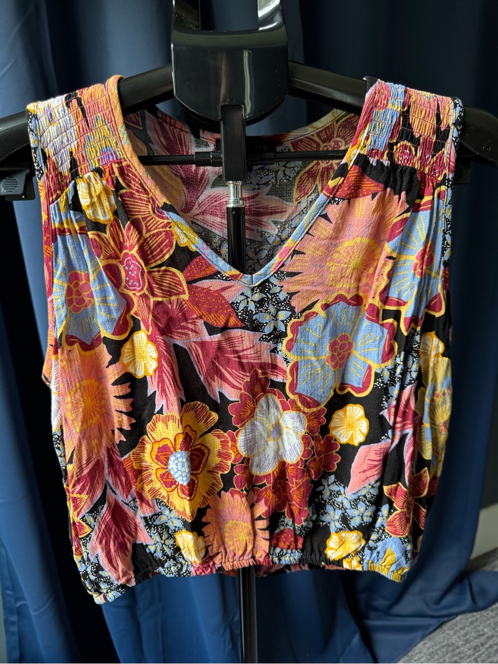 Rachel Zoe Floral Smocked Shoulder V-Neck Crop Top Multicolor Boho Medium